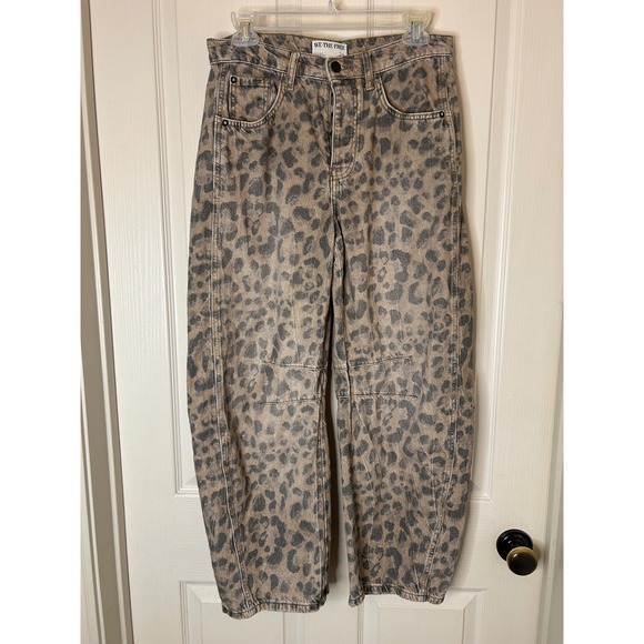 We The Free Denim - We The Free Good Luck Barrel Jeans Leopard Print Mid Rise Button Fly 26 Brown